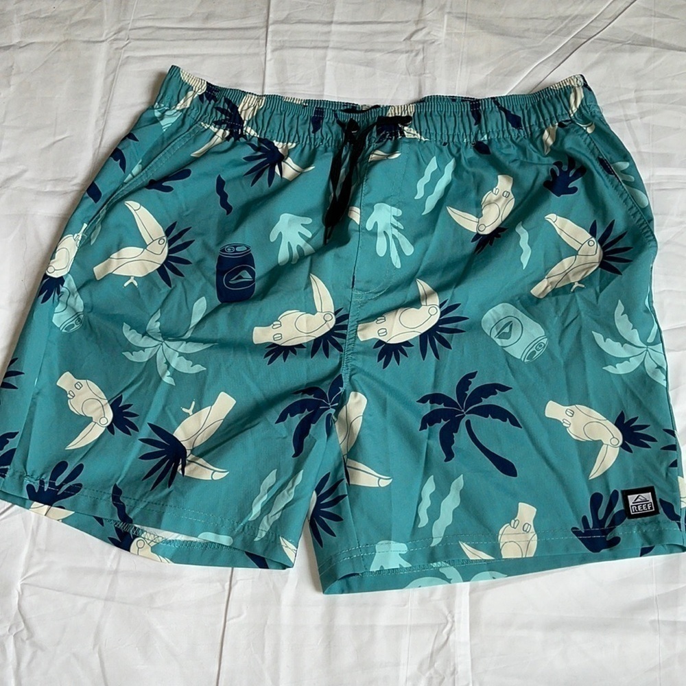 MENS REEF PALMS TOUCAN TEAL/BLUE SWIM BOARD SHORTS SIZE L